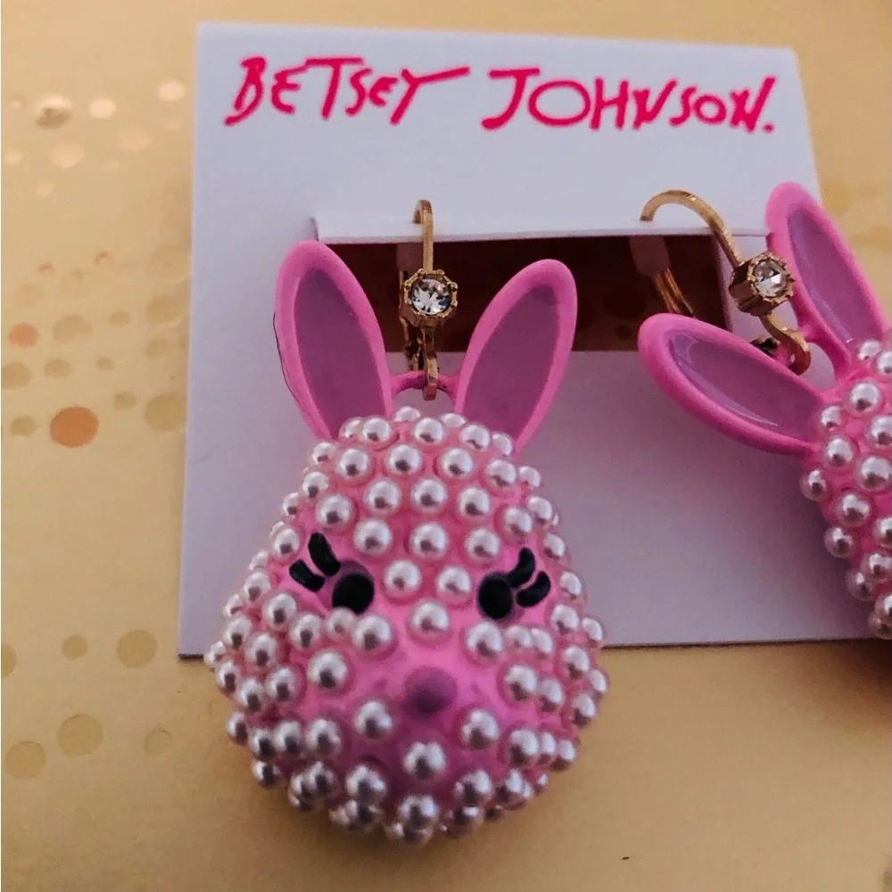Authentic Betsey Johnson Earrings, Pink Enamel Bunny Pearl Beaded Rhinestone NWT